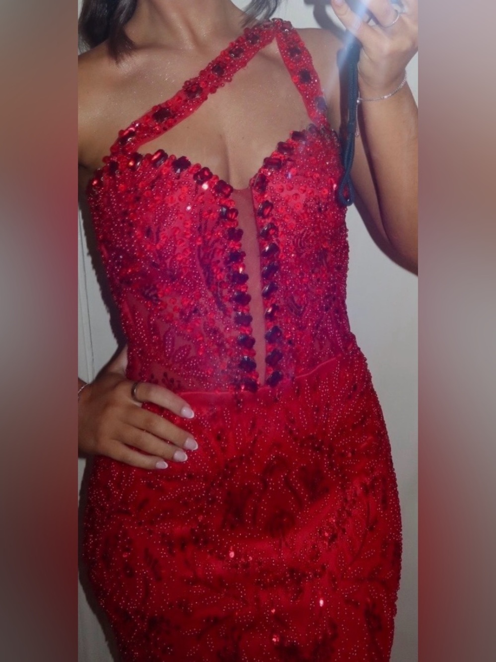 Red Crystal Beaded One Shoulder Gown